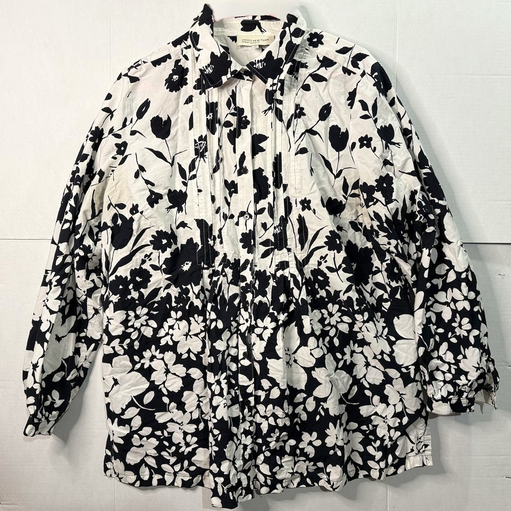 Jones New York Sport Women's 1X Black White Floral Pintuck Button Down Shirt - Picture 3 of 6